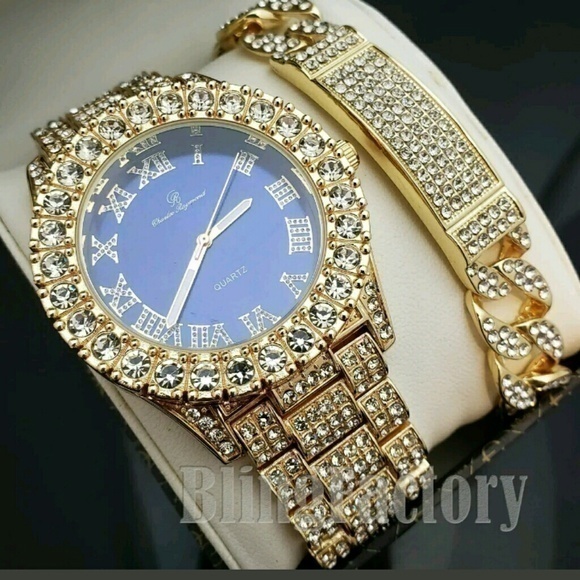 MEN'S ICED HIP HOP BLUE FACE WATCH & FULL ICED NEC - Picture 3 of 8